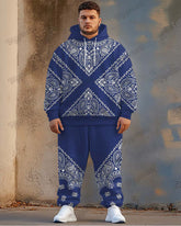 Men's Street Fashion Versatile Blue Paisley Geometric Print Plus Size Hoodie Set
