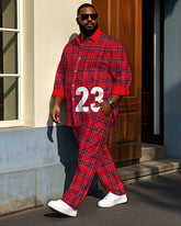 Big Men's Gentlemen Style 23 Red Plaid Printed Daily Casual Long Sleeve Shirt Pants Set