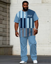 Men's Plus Size Blue Multi-geometric Chest Small Label Printed Short-sleeved T-shirt Trousers Suit