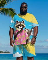 Men's Plus Size Hawaiian Blue Raccoon Drinking Cocktail Bier Printed Short Sleeve T-Shirt Shorts Suit