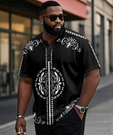 Men's Plus Size Casual Daily Black Vintage Pattern Printed Henry Collar Button Short Sleeve T-Shirt