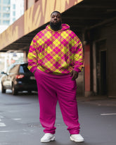 Men's Plus Size Rose Red Classic Grid Hoodie Set of Two