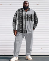 Men's Plus Size Grey Patchwork Ethnic Geometric Print Long Sleeve Shirt Trousers Suit