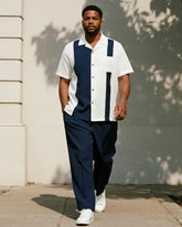 Big & Tall Men's Business Blue Colorblock Stripe Printed Pocket Short Sleeve Shirt Trousers Suit