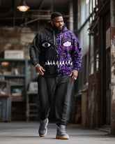Big & Tall Men's Halloween Black And Purple Devil Expression Contrast Stitch Print Hoodie Suit