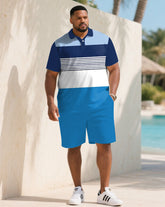 Big & Tall Men's Summer Blue Striped Colorblock Polo Short Sleeve Shirt Shorts Suit
