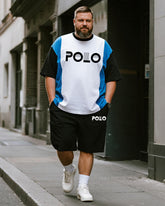 Big & Tall Men's Black And Blue Colorblock Alphabet Print Round Neck Short Sleeve T-Shirt Shorts Suit