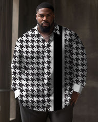Men's Large Size Houndstooth Pattern Lapel Casual Long Sleeve Shirt