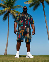 Big Men's Hawaiian Fashion Abstract Colorful Surfboard Printed Cuban Collar Short Sleeve Shirt Shorts Set