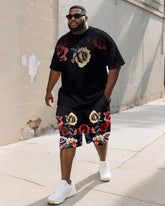 Men's Plus Size Street Graffiti Rose Print Round Neck Short Sleeve T-Shirt Shorts Suit