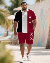 Big & Tall Men's Summer Black & White & Red Striped Polo Short Sleeve Shirt Shorts Suit