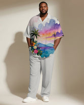 Big & Tall Men's Hawaiian Purple Ink Sunset Coconut Tree Printed Short Sleeve Shirt Pants Suit