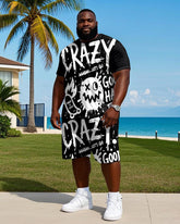 Big Men's Hip Hop Graffiti Letter Humor Face Printed Street Fashion Short Sleeve T-Shirt Shorts Set