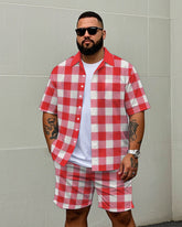 Big Men's Casual Simple Regular Red Plaid Style Short Sleeve Shirt and Shorts Set