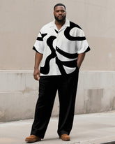 Men's Plus Size Simple Black And White Geometric Printing Short Sleeve Shirt Trousers Suit