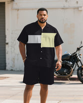 Men's Plus Size Black & Grey & Apricot Colorblock Casual Short-sleeved Shirt Shorts Suit