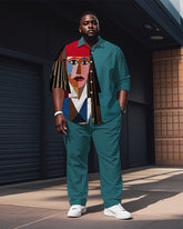 Men's Plus Size Green Blue Color Block Abstract Avatar Cartoon Print Long Sleeve Shirt Trousers Suit