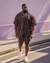 Big Man's Vintage Daily Casual Black And White Yellow Striped Color Block Printing Short Sleeve Shirt Shorts Suit