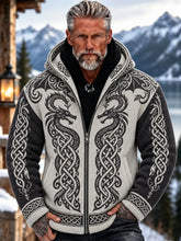 Men's Retro Viking Dragon Print Hooded Zip-up Sweater