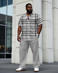 Men's Plus Size Gray Check Short Sleeve Shirt Trousers Suit