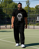 Big Men's Simple Fire Basketball Silhouette Printed Casual Short Sleeve T-shirt Pants Set