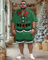 Men's Plus Size Christmas Green Elf Cosplay Printed Shirt Shorts Suit