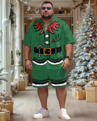 Men's Plus Size Christmas Green Elf Cosplay Printed Shirt Shorts Suit