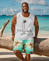 Men's Plus Size Hawaiian Green Coconut Tree Alphabet Print Tank Shorts Suit