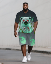 Big Men's Street Fashion Ghost Bear Printed Casual Short-Sleeve Polo Shirt Shorts Set
