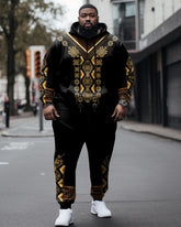 Men's Large Size Retro Gold Totem Print Long Sleeve Hoodie and Sweatpants Set