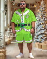 Men's Big & Tall Christmas Green Santa Cosplay Printed Short Sleeve Shirt Shorts Set