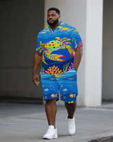 Big Man's Abstract Animal World Cute Crab Printed Casual Short-Sleeve Polo Shirt & Shorts Set