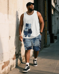 Big & Tall Men's Blue Denim Bear Print Tank Top Shorts Suit