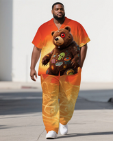 Big Men's Cute Bear Fashion Gradient Style Casual 2-Piece Short Sleeve Shirt Pants Set