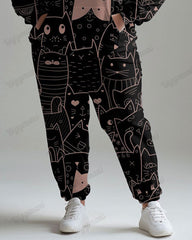 Women's Casual Daily Cute Cat Print Plus Size Hoodie Suit
