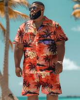 Big Guy's Hawaiian Sunset Coconut Tree Gradient Print Shirt Shorts Set