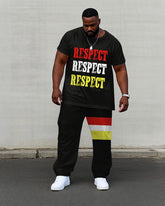 Men's Plus Size Casual Black "Respect" Slogan Chest Print Short Sleeve T-Shirt Trousers Suit