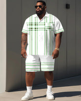Men's Plus Size Classic Plaid Stitching Print Short Sleeve Shirt Shorts Suit