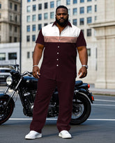 Men's Plus Size Retro Fuchsia & White Colorblock Short Sleeve Shirt Pants Suit