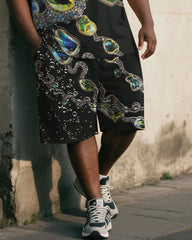 Big & Tall Men's Black Vintage Luxury Gemstone Chain Print Vest Shorts Suit