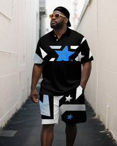 Big Men's Casual Simple Stars Geometric Style Short-Sleeve Polo Shirt Shorts 2-Piece Set