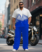 Men's Plus Size Business Blue Line Fluctuation Print Short Sleeve Shirt Trousers Suit