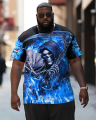 Men's Plus Size Blue Flame Skull Vikings Day Short Sleeve T-Shirt