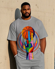 Big Men's Fashion Basketball & Colorful Splicing Hand Printed Short Sleeve T-shirt Pants Set