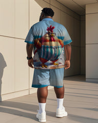 Men's Plus Size Street Fashion Blue Cartoon Fun Chick Print Shirt Shorts Suit