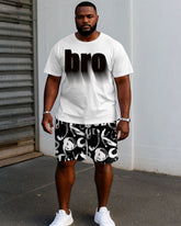 Men's Plus Size Street Fashion Pattern Chest "Brother" Printed Short Sleeve T-Shirt Shorts Suit
