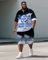 Big and Tall Men's Gradient Style Sky PRISON Theme Lettering Short Sleeve Polo Shirt Shorts Set