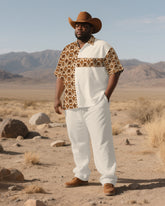 Big Men's Classic Geometric Splicing Pattern Western Theme Casual Short-Sleeve Shirt Trouser Sets