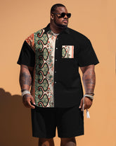 Men's Plus Size Simple Pattern Patchwork Printing Pocket Short-sleeved Shirt Shorts Suit