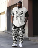 Men's Large Size Street Retro Color Matching Zebra Hip-Hop Casual Two-Piece Set